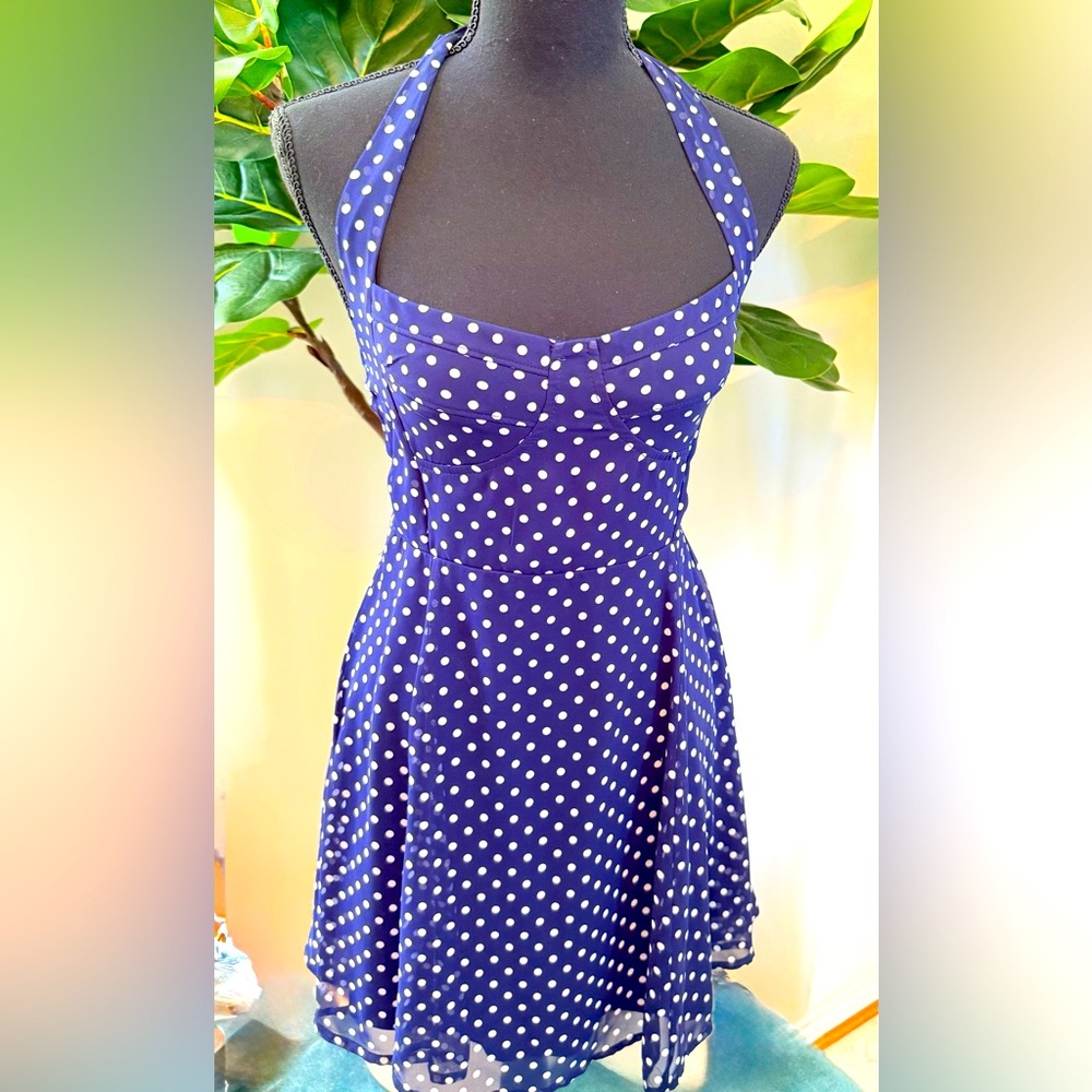 Chic Blue Polka Dot Halter Mini Dress, Sun Dress - Picture 2 of 11